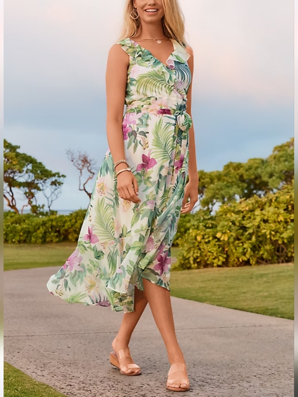 NWT Tommy Bahama Tropical Bliss Crinkle Georgette V-Neck Sleeveless Ruffle Dress